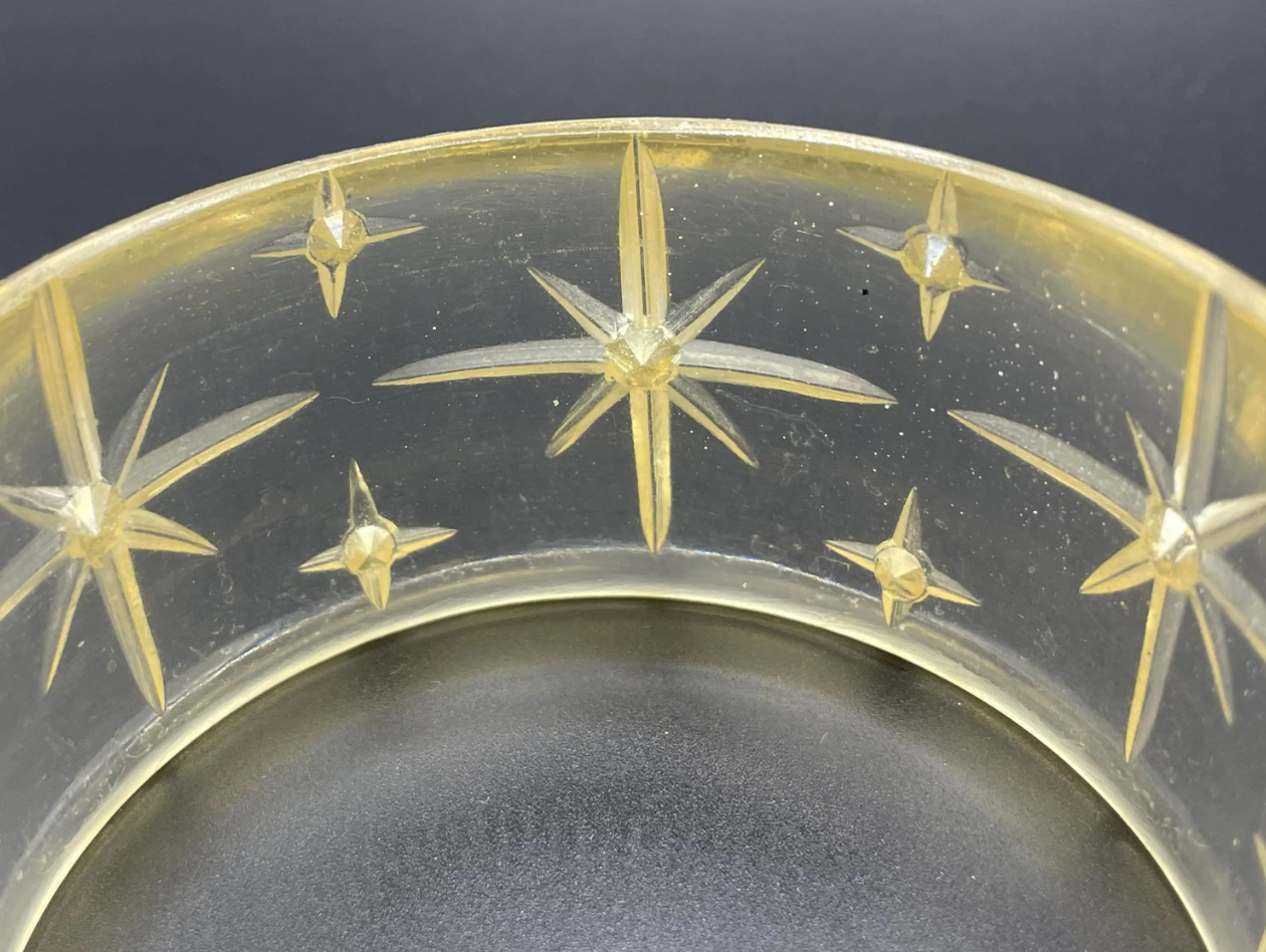 Vintage apple juice coloured transparent plastic wide, engraved bangle, studded with clear glass rhinestones, Art Deco style