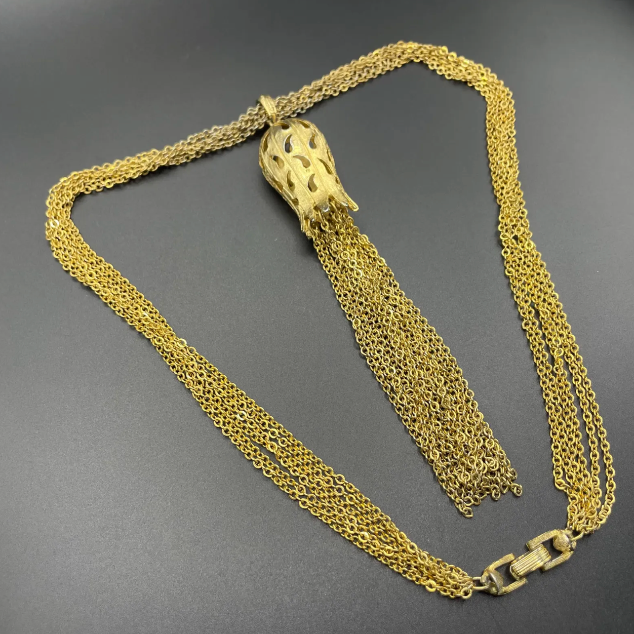 Vintage signed Trifari long multi strand chunky gold tone tassel necklace, 1970s flapper revival style
