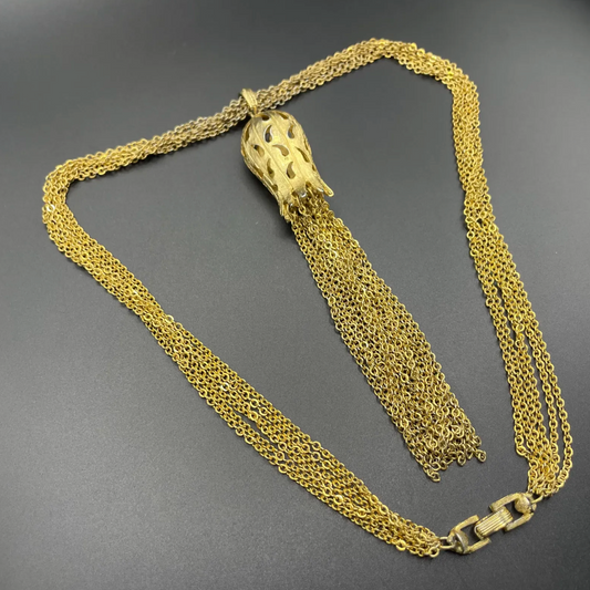 Vintage signed Trifari long multi strand chunky gold tone tassel necklace, 1970s flapper revival style