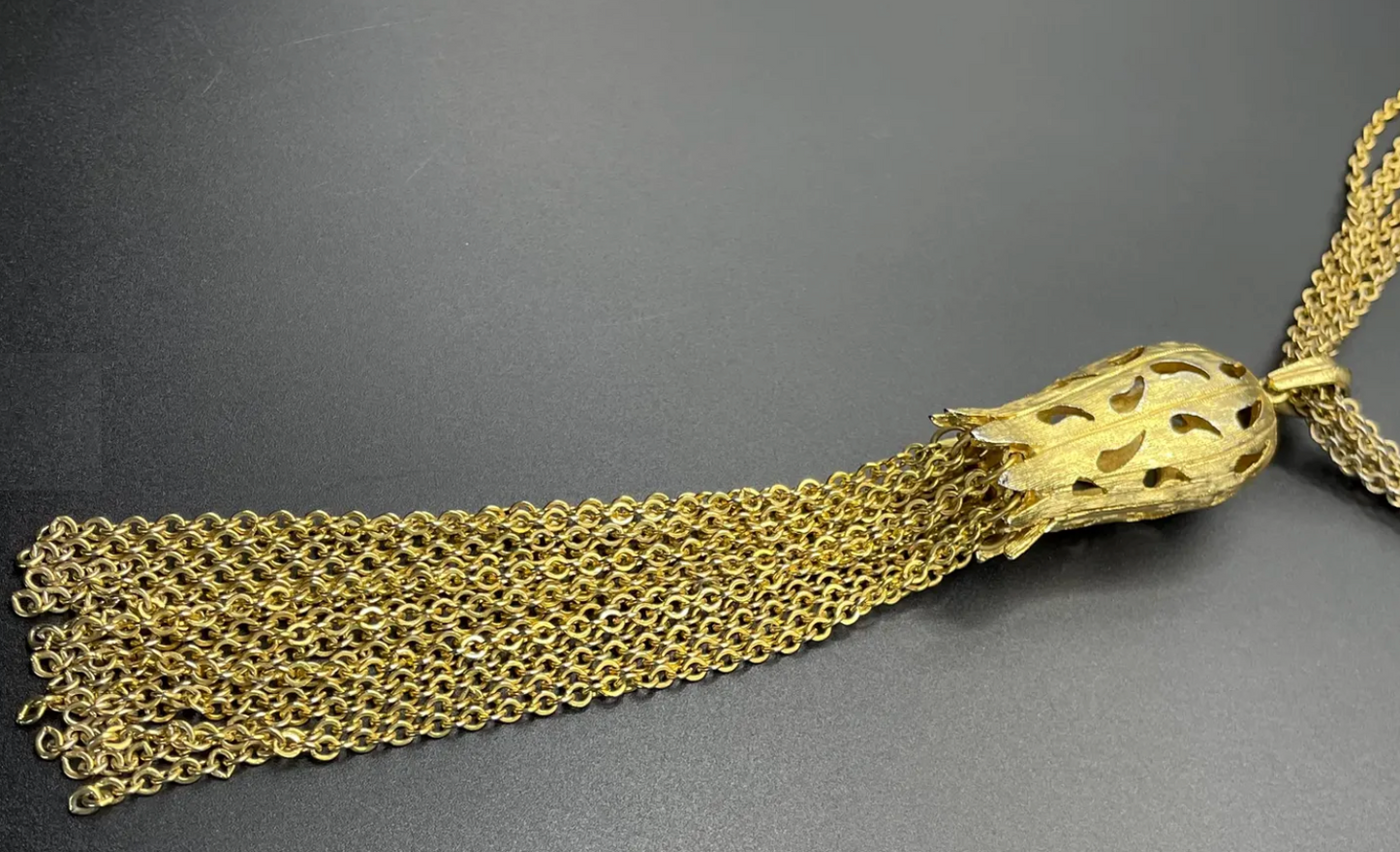 Vintage signed Trifari long multi strand chunky gold tone tassel necklace, 1970s flapper revival style