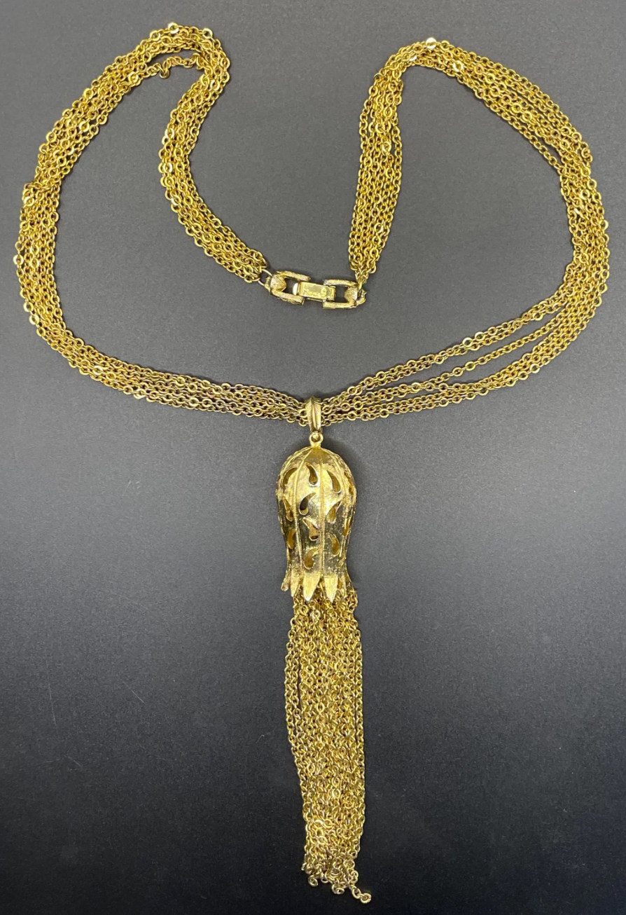 Vintage signed Trifari long multi strand chunky gold tone tassel necklace, 1970s flapper revival style