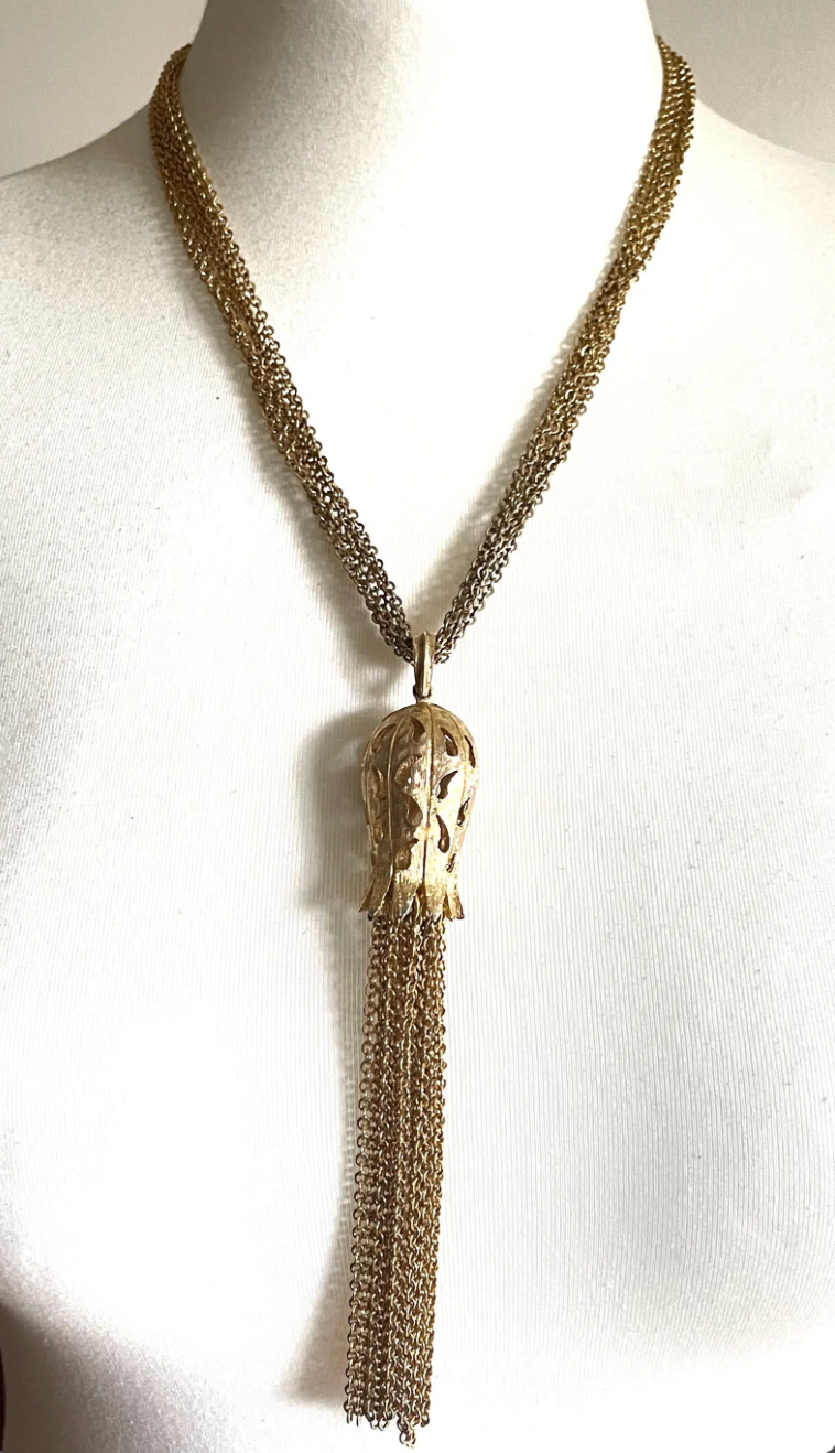 Vintage signed Trifari long multi strand chunky gold tone tassel necklace, 1970s flapper revival style