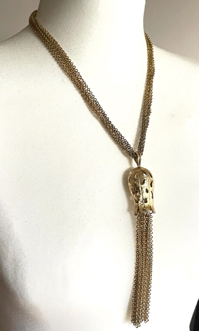 Vintage signed Trifari long multi strand chunky gold tone tassel necklace, 1970s flapper revival style