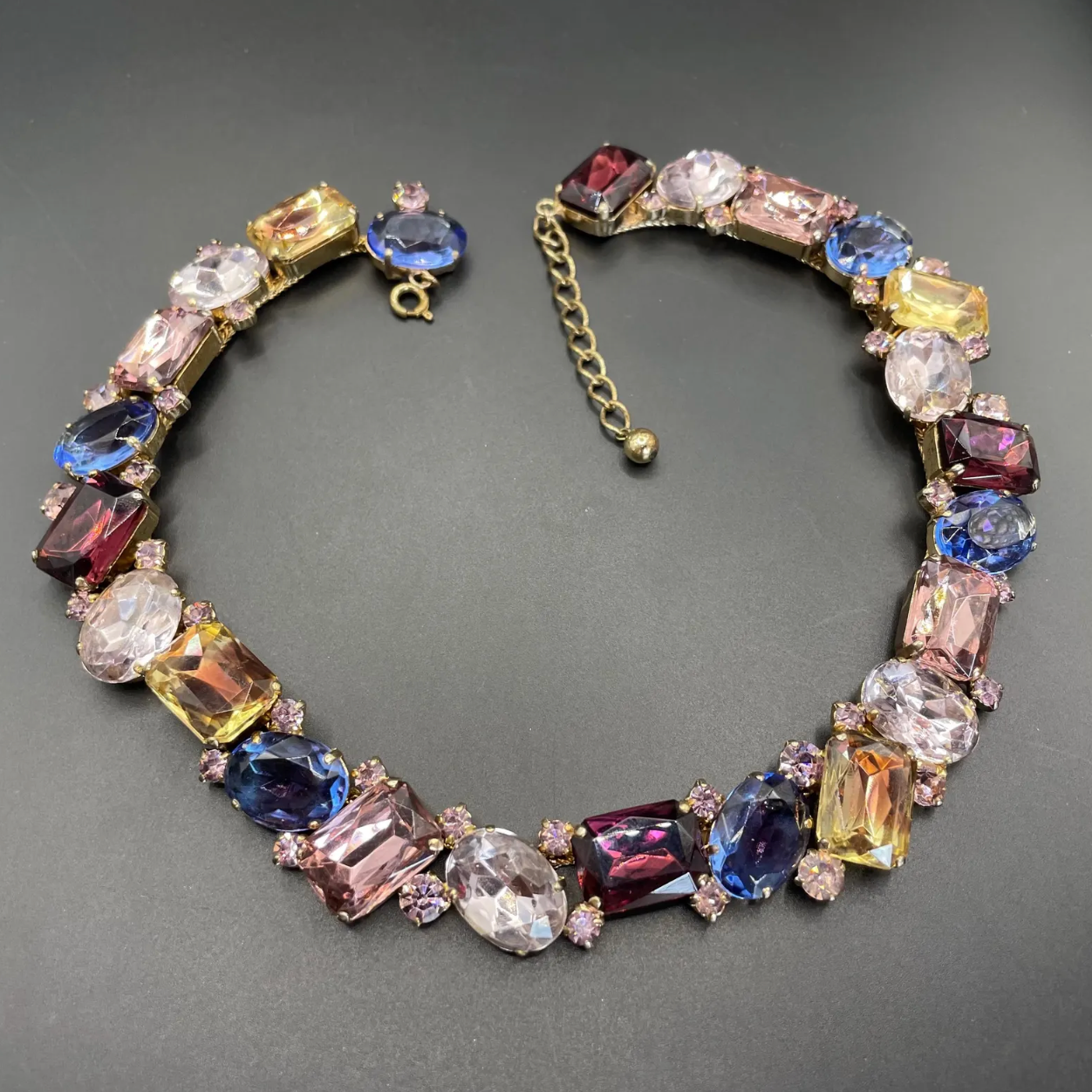 Fabulous vintage gold tone and claw / prong set multi-coloured and bi-colour rhinestone encrusted collar necklace, 1950s cleopatra style