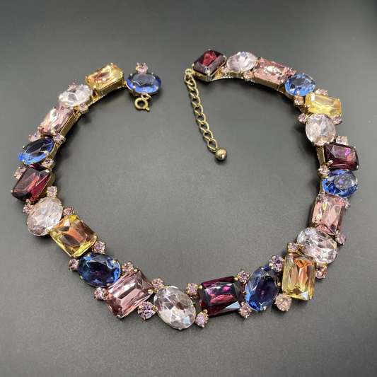 Fabulous vintage gold tone and claw / prong set multi-coloured and bi-colour rhinestone encrusted collar necklace, 1950s cleopatra style