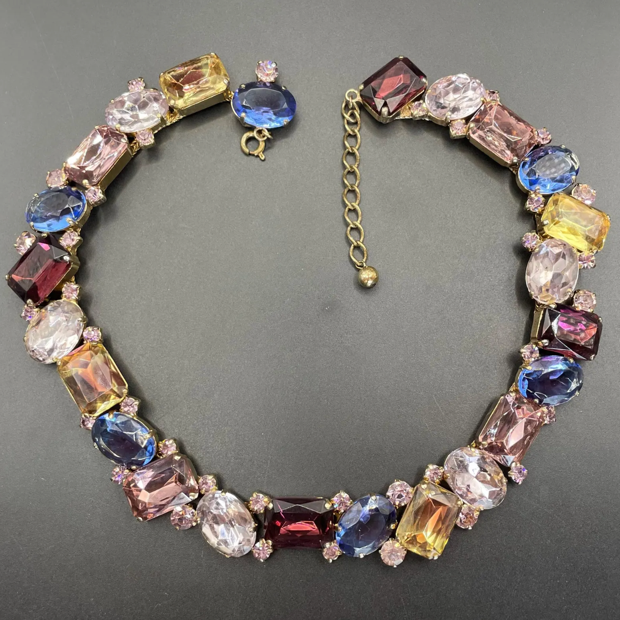 Fabulous vintage gold tone and claw / prong set multi-coloured and bi-colour rhinestone encrusted collar necklace, 1950s cleopatra style