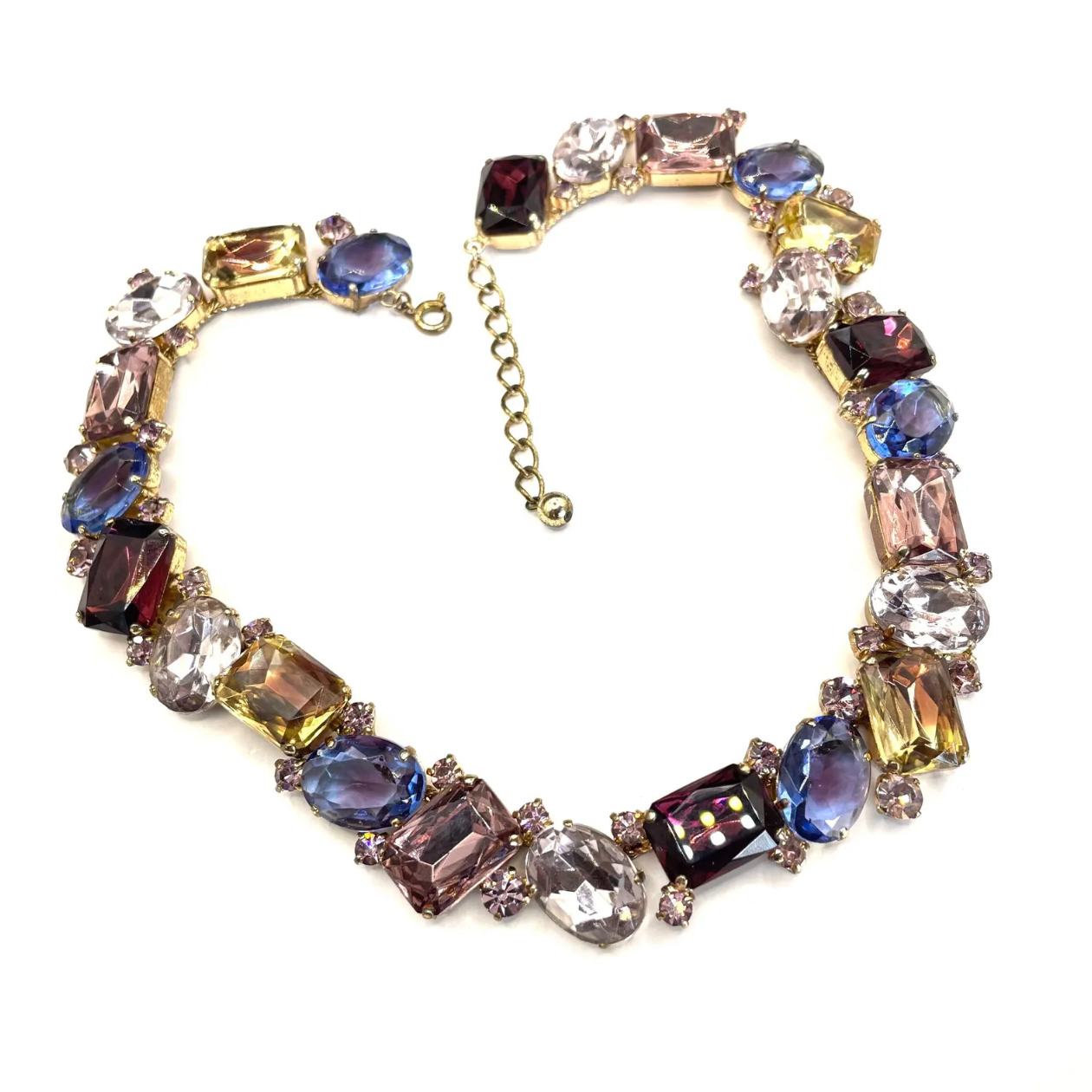 Fabulous vintage gold tone and claw / prong set multi-coloured and bi-colour rhinestone encrusted collar necklace, 1950s cleopatra style