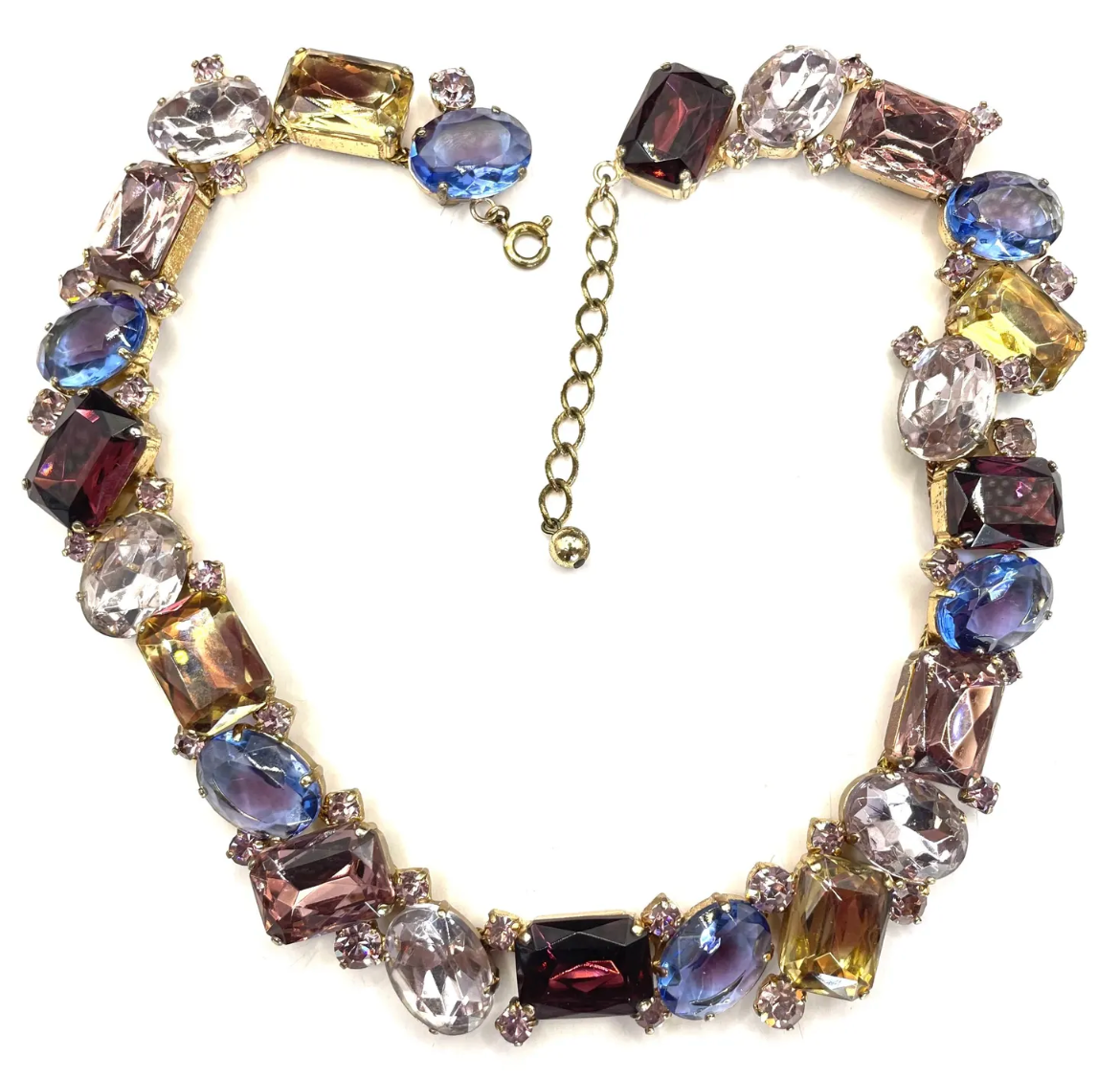 Fabulous vintage gold tone and claw / prong set multi-coloured and bi-colour rhinestone encrusted collar necklace, 1950s cleopatra style