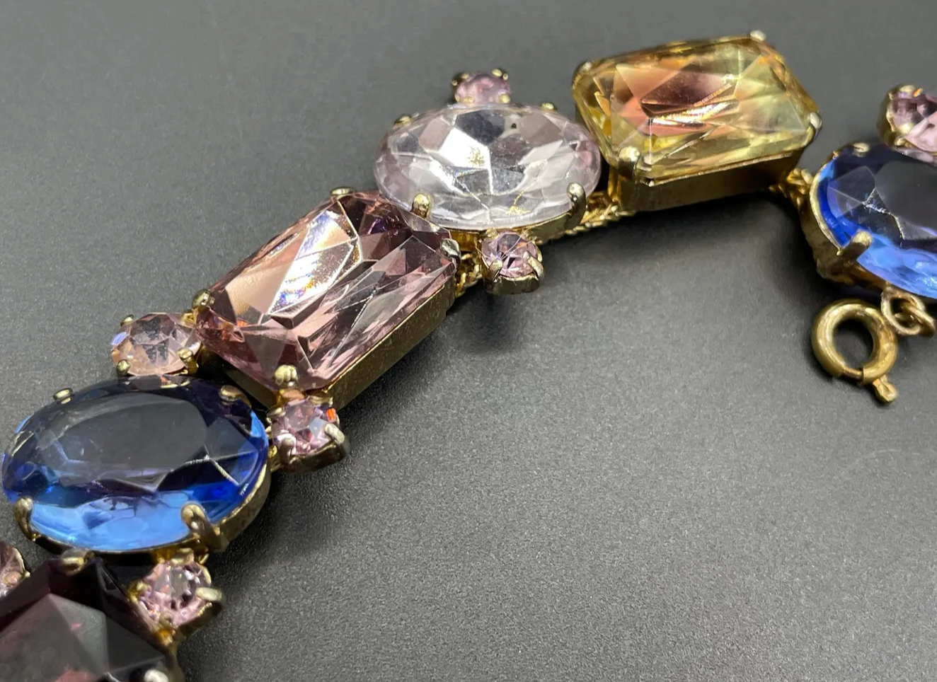 Fabulous vintage gold tone and claw / prong set multi-coloured and bi-colour rhinestone encrusted collar necklace, 1950s cleopatra style