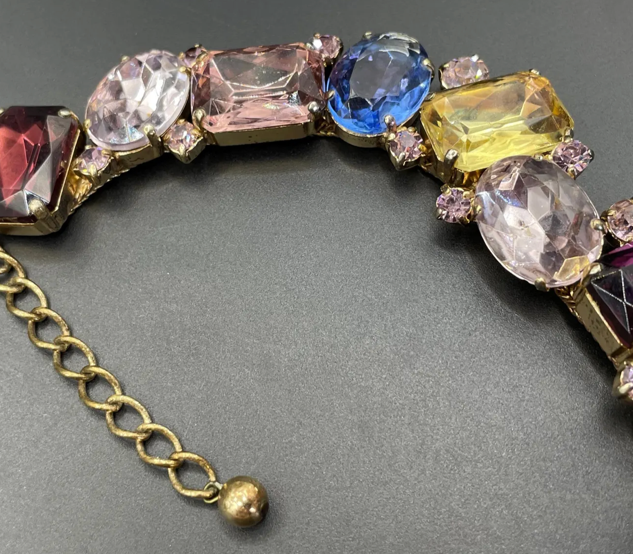 Fabulous vintage gold tone and claw / prong set multi-coloured and bi-colour rhinestone encrusted collar necklace, 1950s cleopatra style