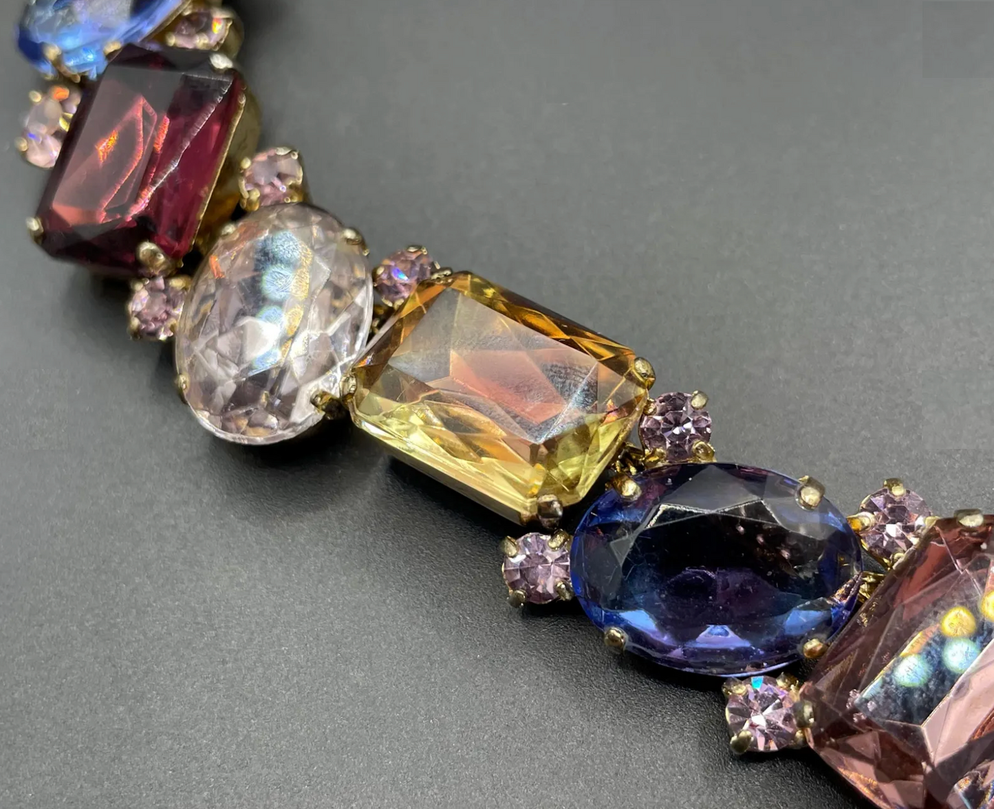 Fabulous vintage gold tone and claw / prong set multi-coloured and bi-colour rhinestone encrusted collar necklace, 1950s cleopatra style