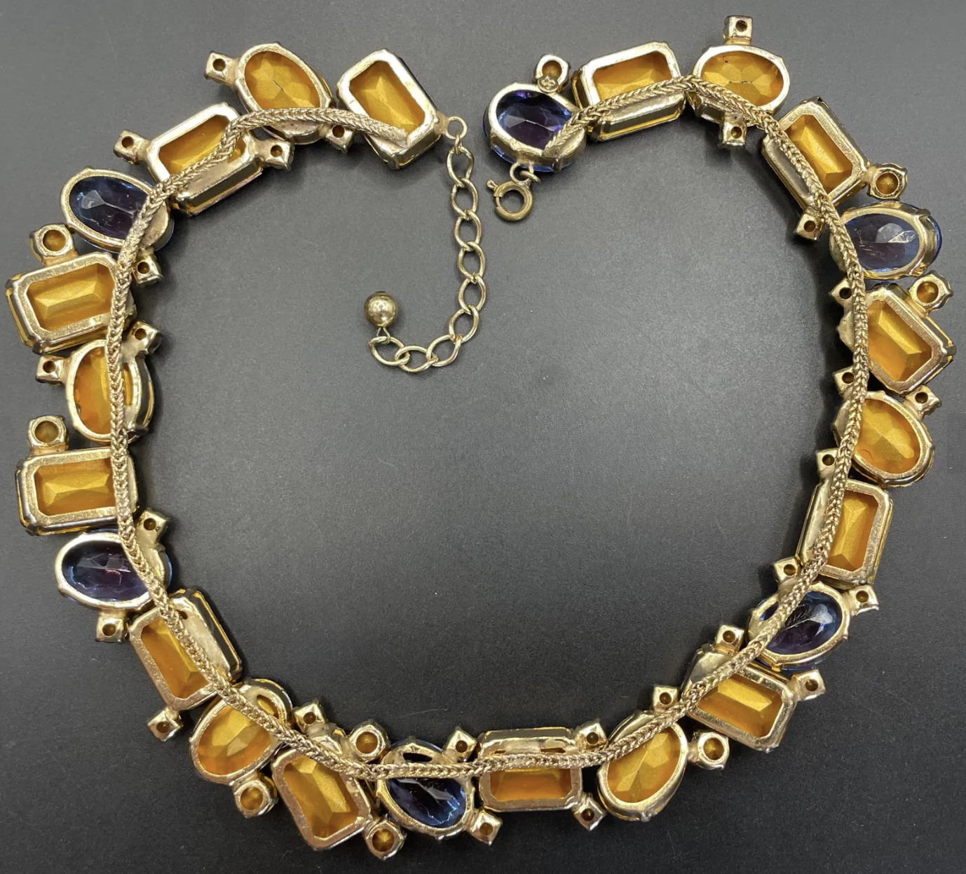 Fabulous vintage gold tone and claw / prong set multi-coloured and bi-colour rhinestone encrusted collar necklace, 1950s cleopatra style
