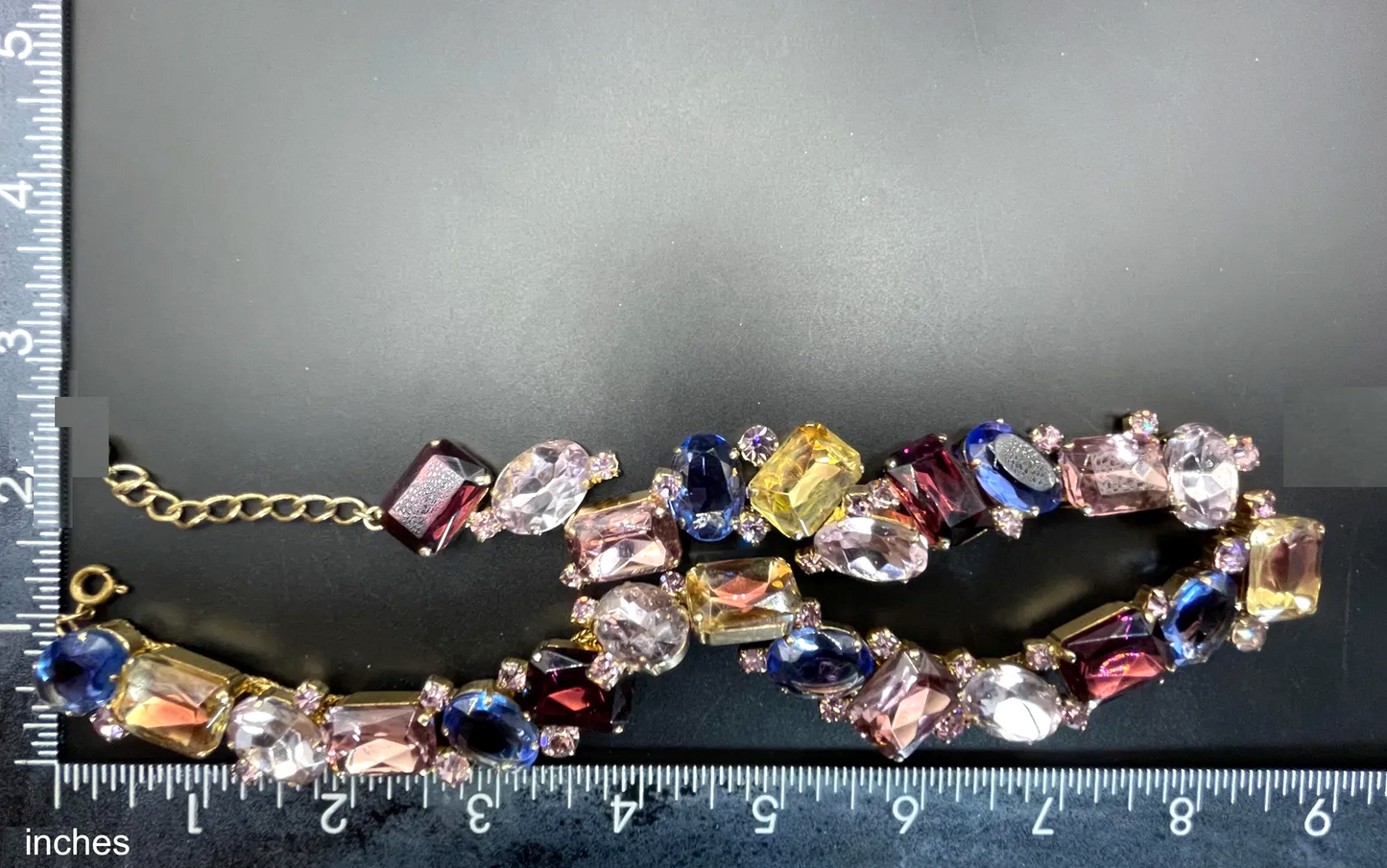 Fabulous vintage gold tone and claw / prong set multi-coloured and bi-colour rhinestone encrusted collar necklace, 1950s cleopatra style