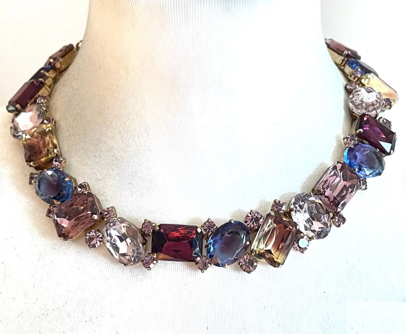 Fabulous vintage gold tone and claw / prong set multi-coloured and bi-colour rhinestone encrusted collar necklace, 1950s cleopatra style