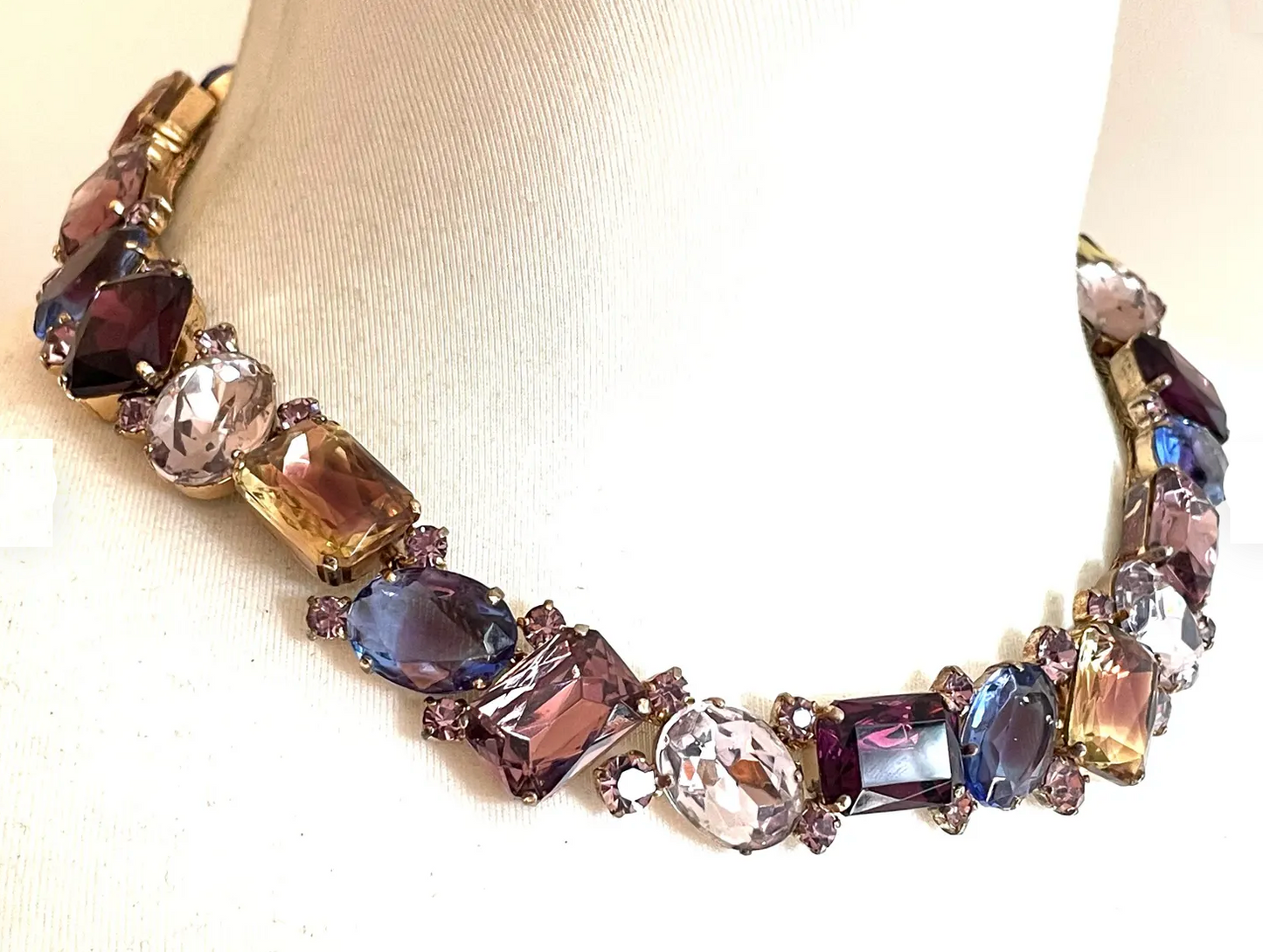 Fabulous vintage gold tone and claw / prong set multi-coloured and bi-colour rhinestone encrusted collar necklace, 1950s cleopatra style
