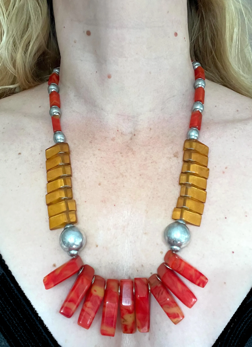 Vintage classic Art Deco geometric galalith (early plastic) bead fringe necklace, orange and chrome, on foxtail chain - Louis Rousselet ?