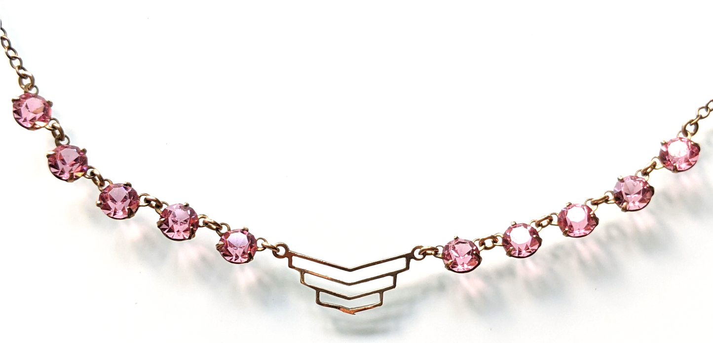 Vintage Art Deco crystal rhinestone delicate semi - riviere necklace, 2 different colours available, iris glass and pink