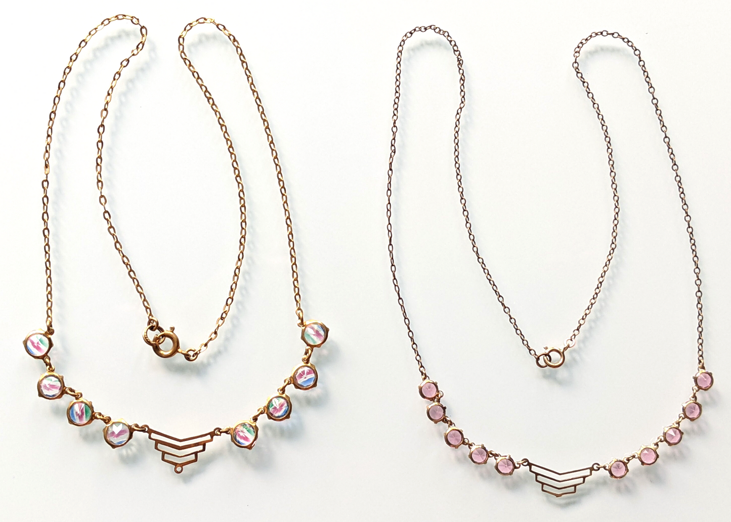Vintage Art Deco crystal rhinestone delicate semi - riviere necklace, 2 different colours available, iris glass and pink