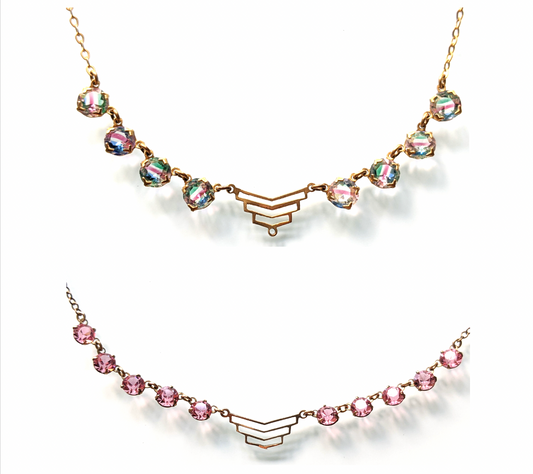 Vintage Art Deco crystal rhinestone delicate semi - riviere necklace, 2 different colours available, iris glass and pink
