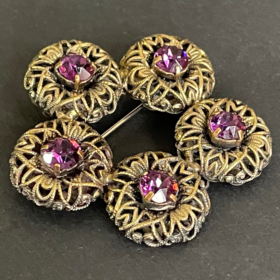 Large vintage amethyst purple paste 1930s Czech Art Deco rhinestone floral brooch with gold tone filigree
