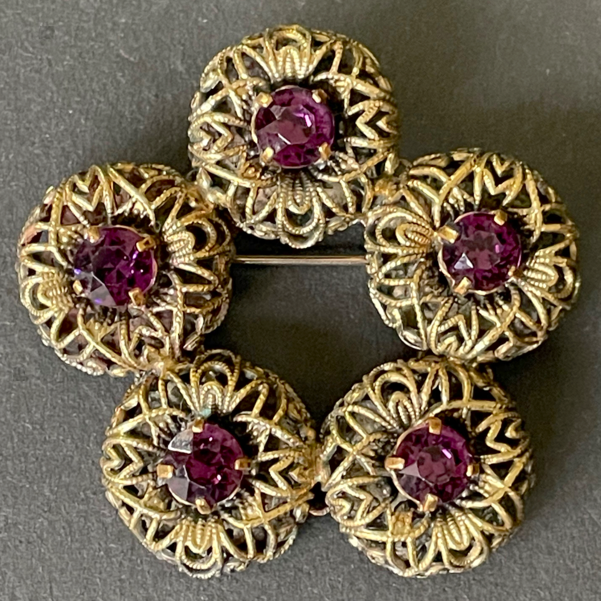 Large vintage amethyst purple paste 1930s Czech Art Deco rhinestone floral brooch with gold tone filigree