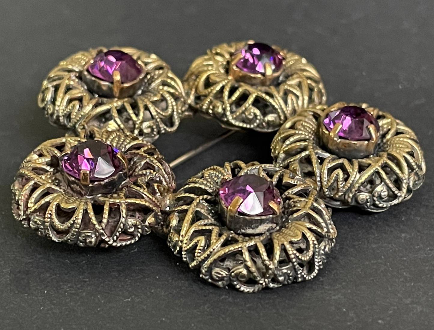 Large vintage amethyst purple paste 1930s Czech Art Deco rhinestone floral brooch with gold tone filigree