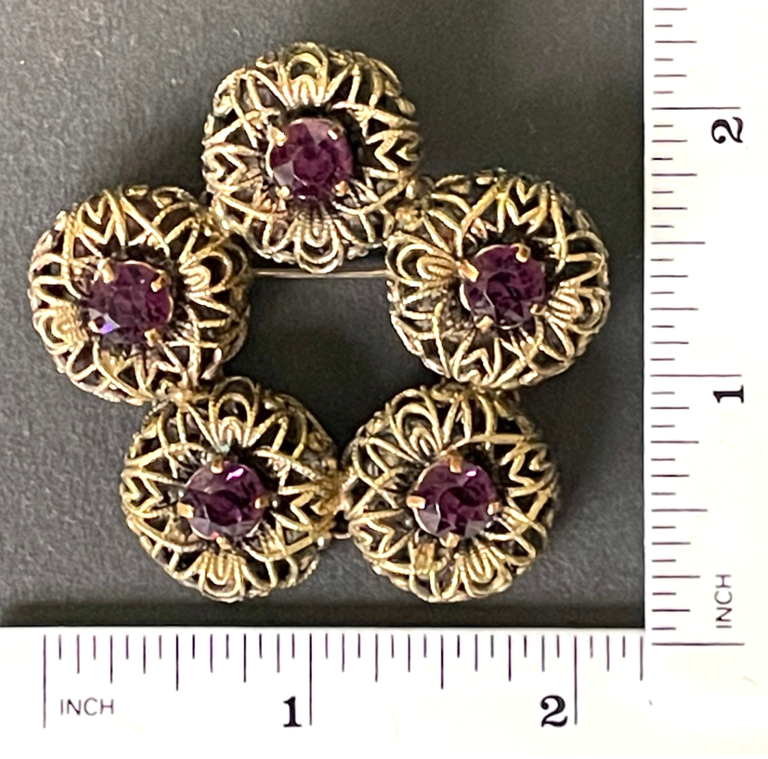 Large vintage amethyst purple paste 1930s Czech Art Deco rhinestone floral brooch with gold tone filigree