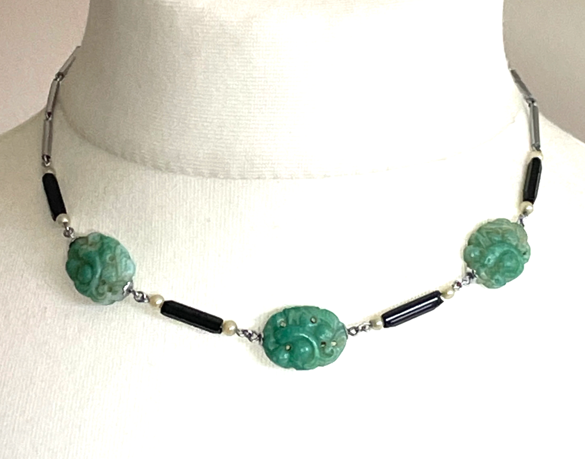 True vintage jade green moulded glass koi carp design bead and French jet black glass and faux pearl bead necklace