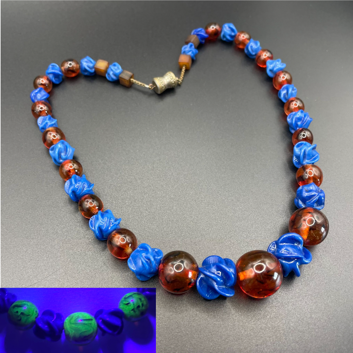 Vintage Louis Rousselet uranium glass Art Deco necklace on foxtail chain - marbled brown uranium glass and poured glass blue floral beads