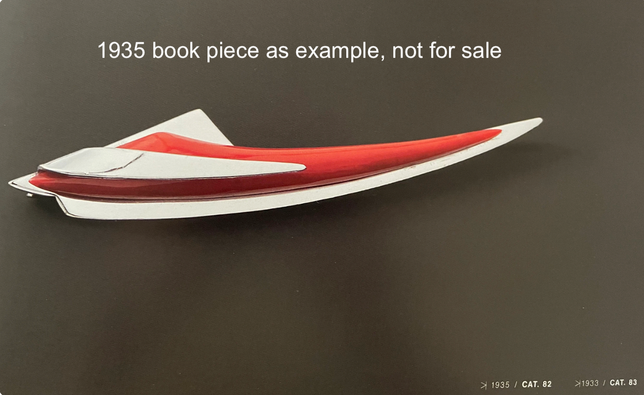 Vintage Jakob Bengel Art Deco machine age, beautiful red galalith and chrome geometric brooch