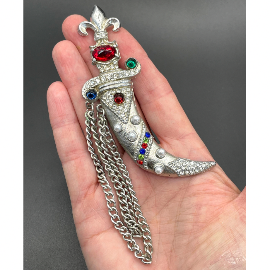 Huge vintage dagger and scabbard faux chatelaine pin brooch based on a design by Murray Slater for Urie Mandle jewellery, unsigned
