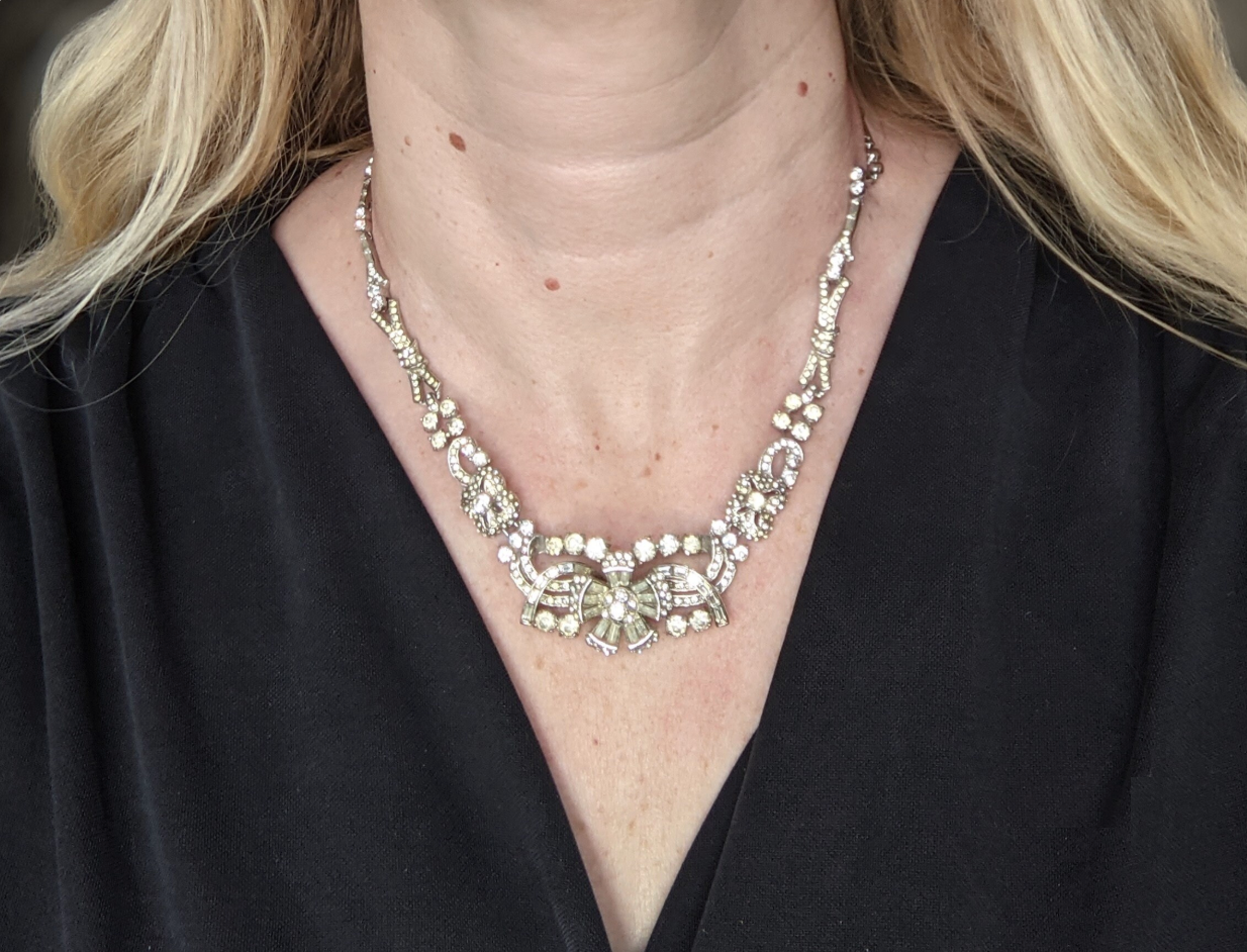 Vintage Attwood and Sawyer A&S (but unsigned) clear rhinestone shiny silver tone collar necklace