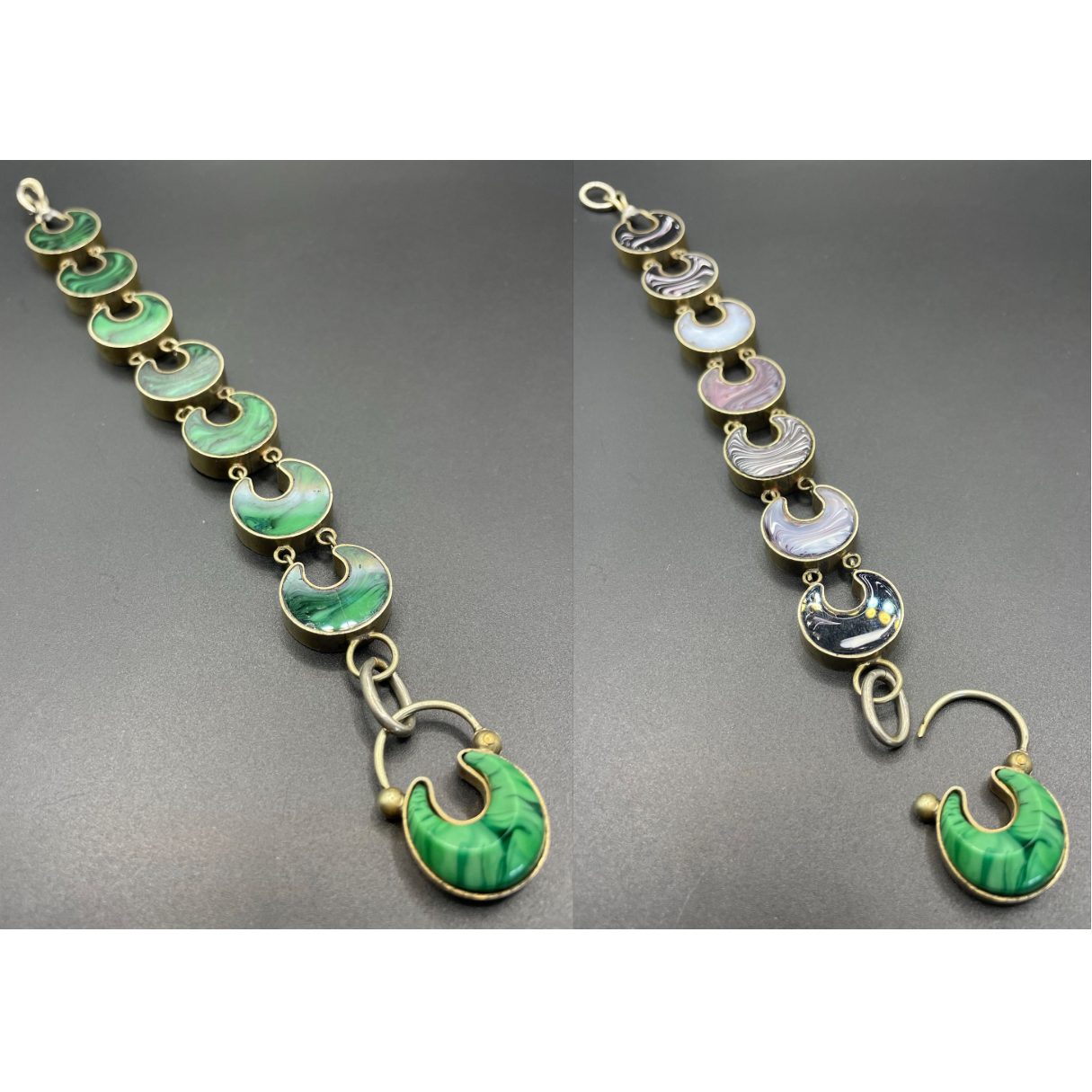 Antique Victorian double-sided agate and malachite crescent moon panel bracelet with beautiful padlock clasp