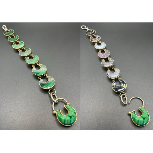 Antique Victorian double-sided agate and malachite crescent moon panel bracelet with beautiful padlock clasp