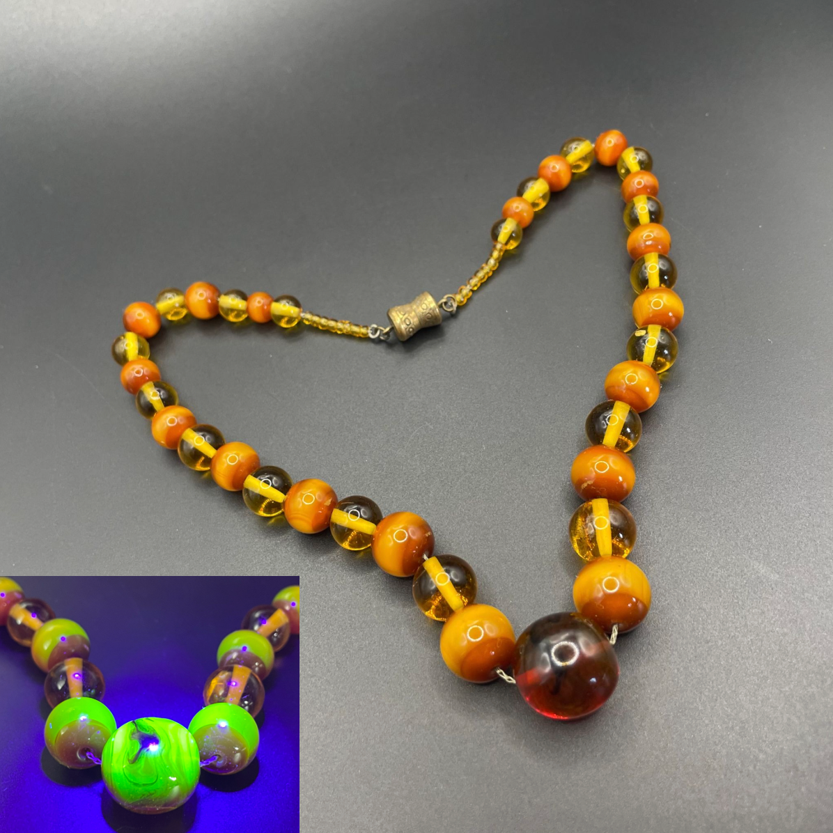 Vintage Louis Rousselet uranium glass Art Deco necklace on foxtail chain - cats' eye UV sensitive and transparent orange beads