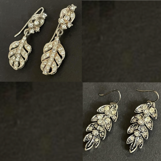 Vintage choice of two pairs of clear rhinestone paste and silver tone statement earrings for pierced ears
