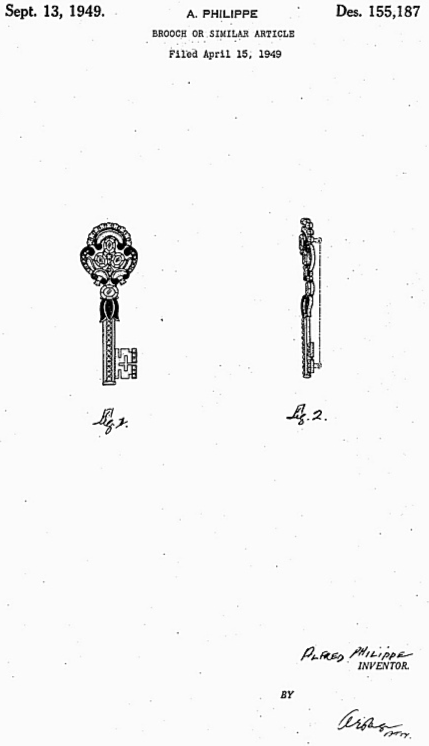 Rare vintage Trifari key brooch (unsigned), 1949 patent of an Alfred Philippe design