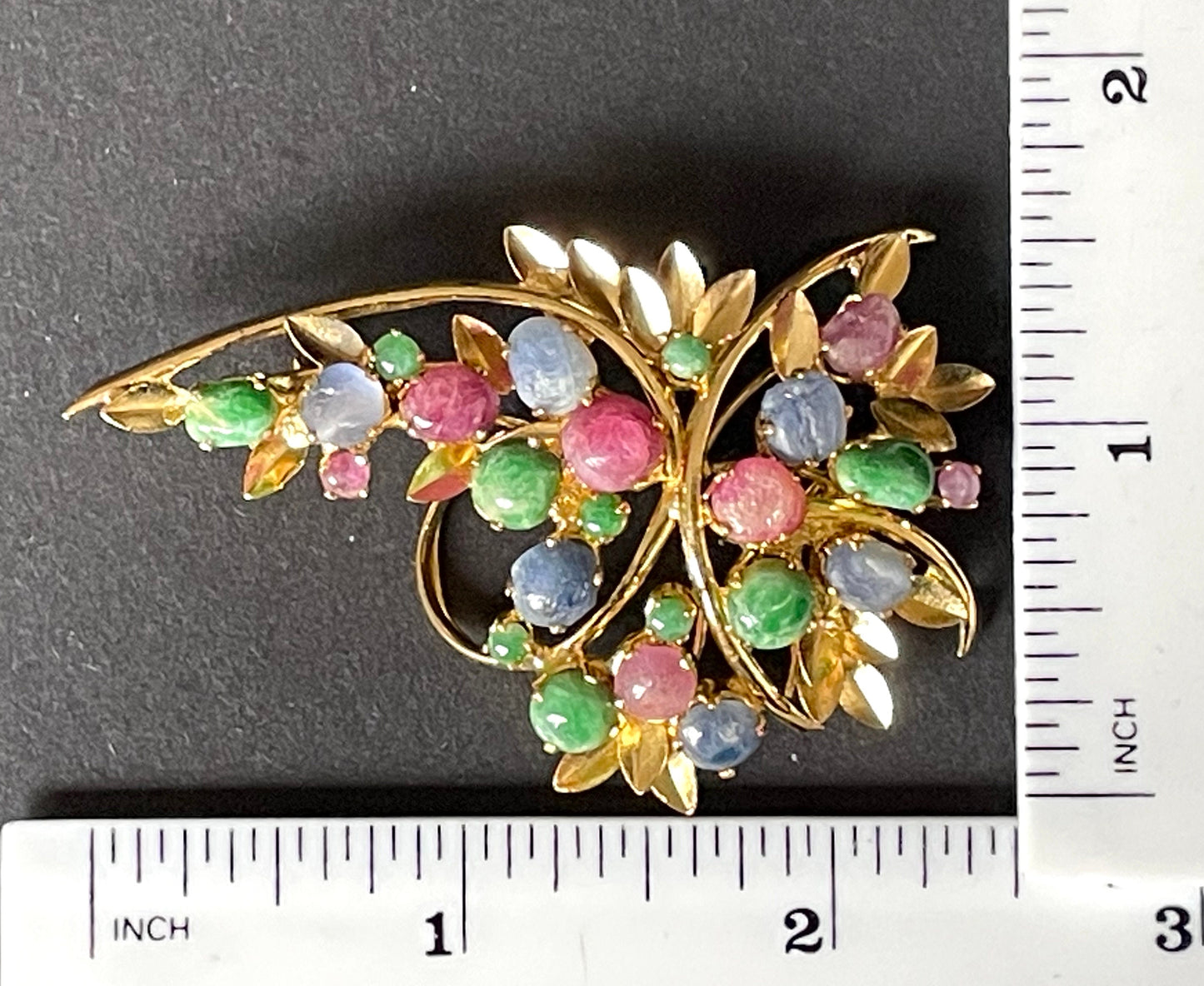 Large vintage pastel colour gemstone cabochon floral spray bouquet brooch, delicate gold tone settings, raw ruby, emerald, sapphire