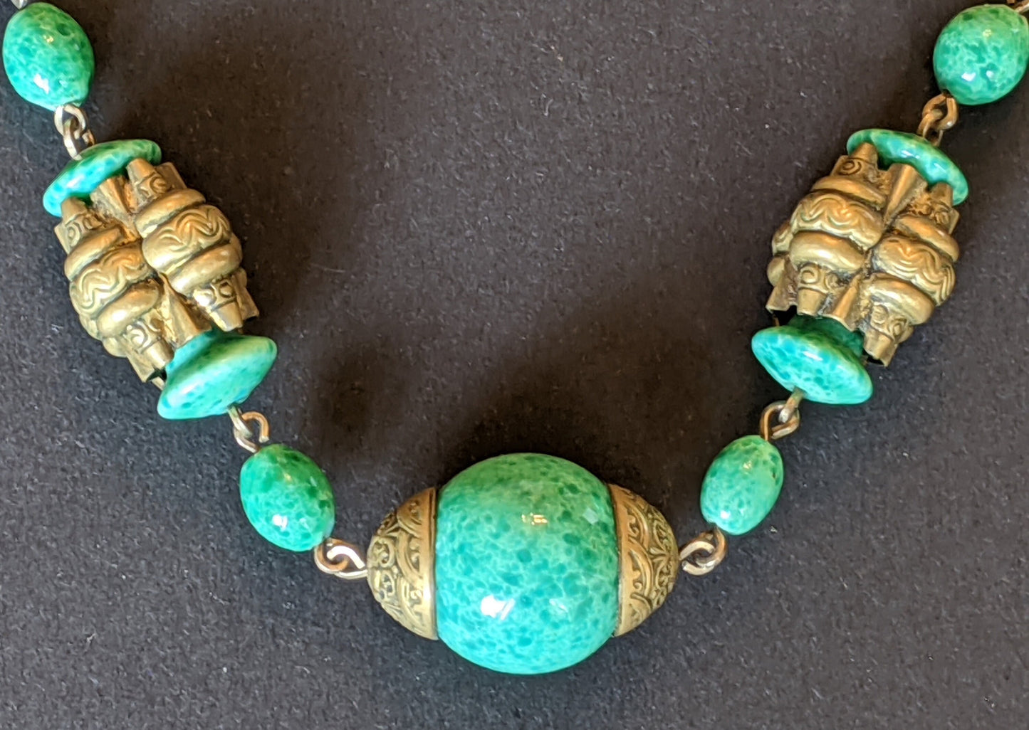 Vintage Neiger Brothers Art Deco heavy green Peking glass bead necklace with beautiful gold tone features - by Max Neiger