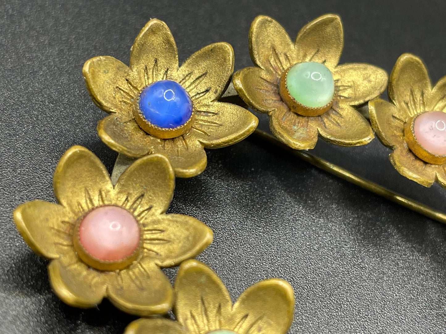 Vintage Neiger Brothers (Max and Norbert) large flower brooch - pastel coloured satin glass cabochons & gold tone, a ring of flowers