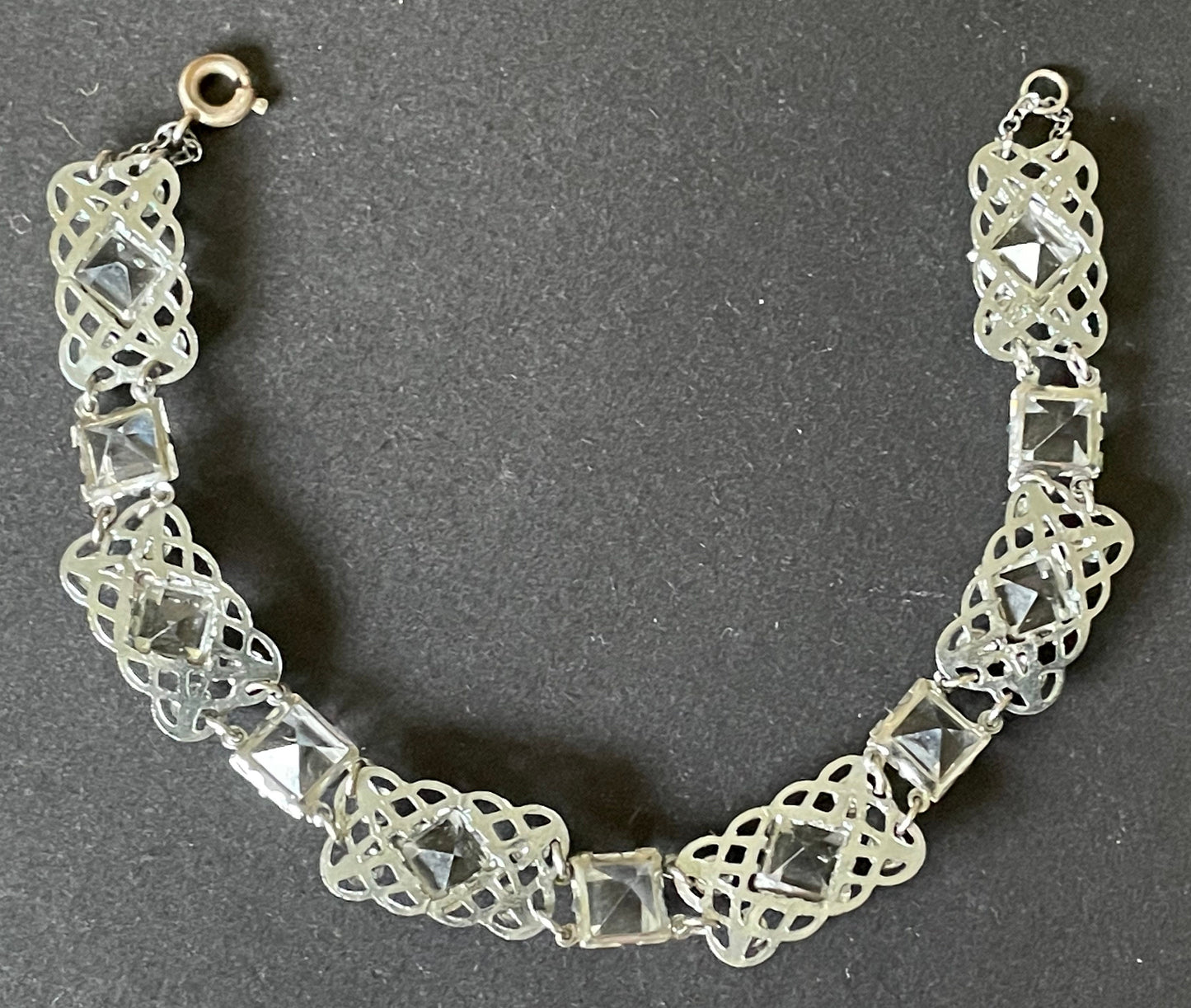 Vintage bracelet, Art Deco paste rhinestone and open backed princess cut crystal geometric silver tone filigree cocktail bracelet