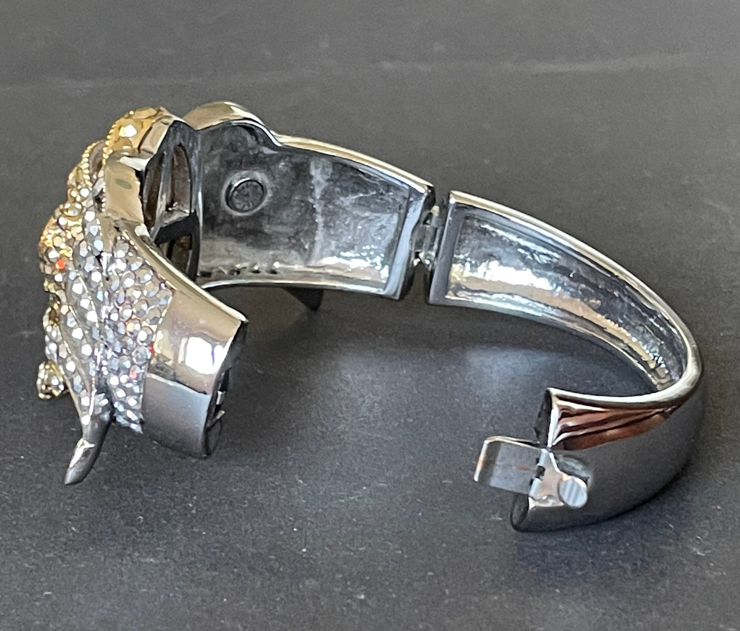 Huge vintage Butler and Wilson (B&W) signed winged skull with crown metallic rhinestone clamper bangle bracelet