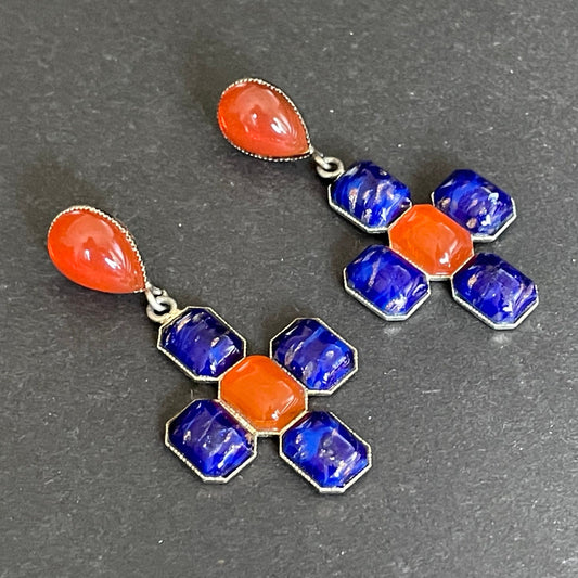 Vintage poured glass cabochon faux lapis lazuli deep blue and faux carnelian orange glass earrings with cross motif in silver tone