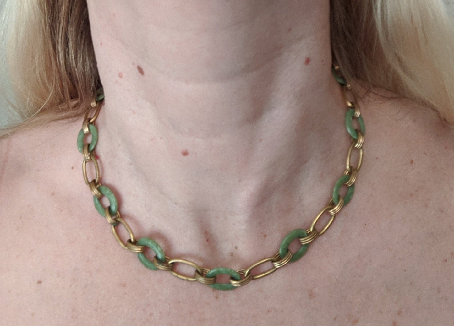 Vintage Jakob Bengel Art Deco machine age geometric gold tone and marbled green galalith ring necklace