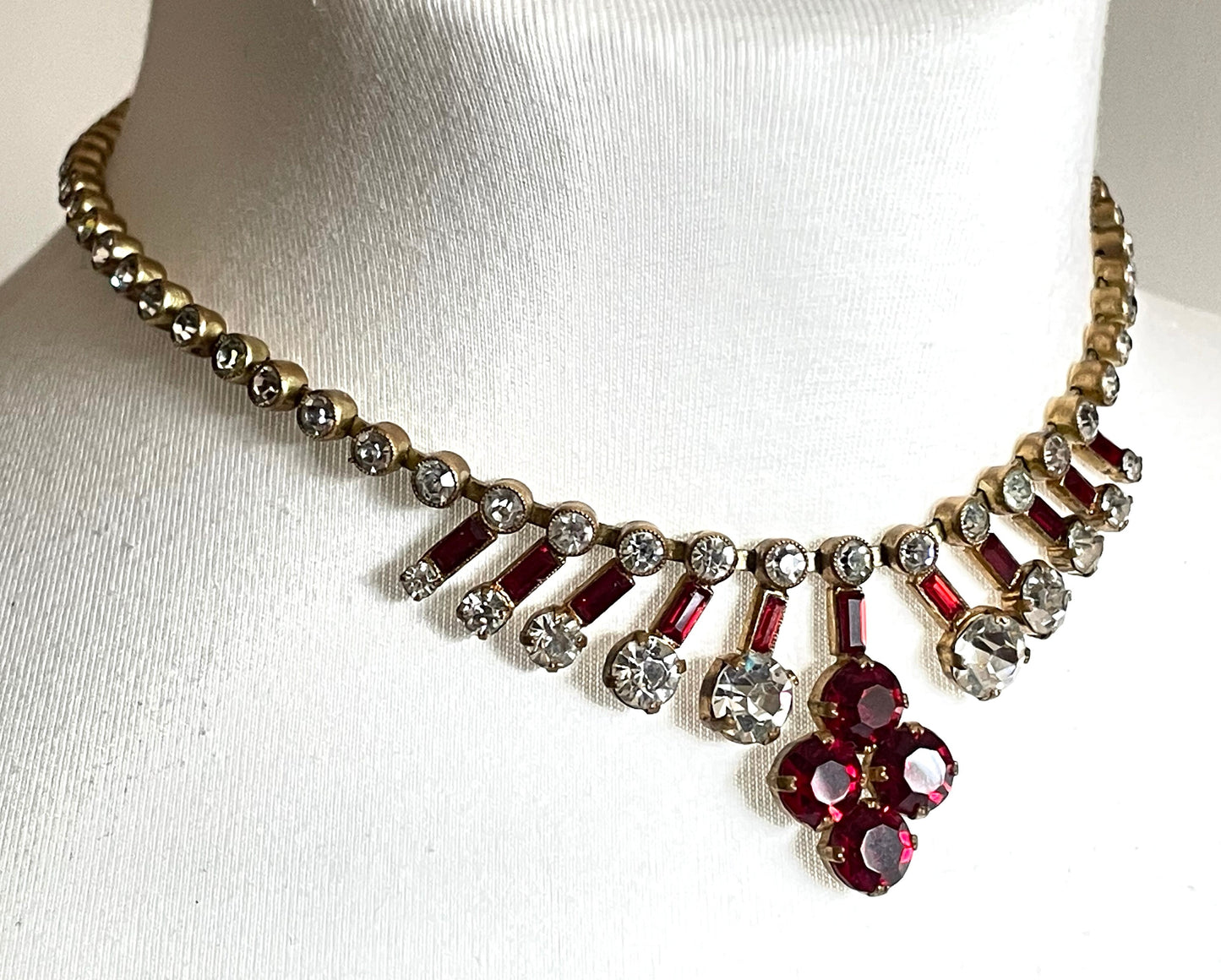 Vintage Art Deco Czech ice clear and ruby red crystal paste and gold tone choker necklace, clear collet set rhinestone riviere