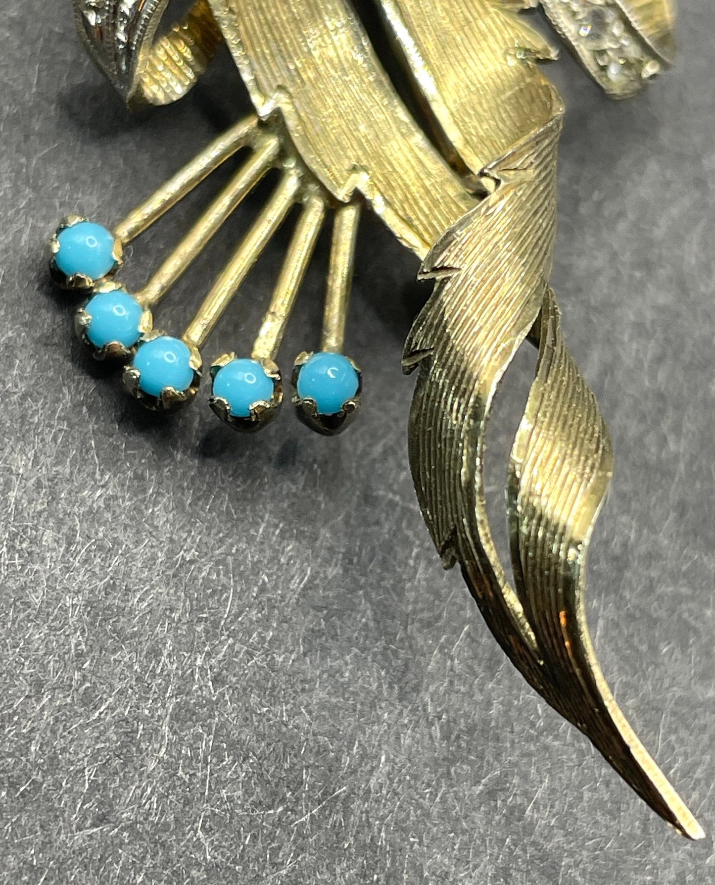 Beautiful vintage gold and silver tone floral leaf spray bouquet brooch, delicate settings, turquoise cabochons and cubic zirconia stones