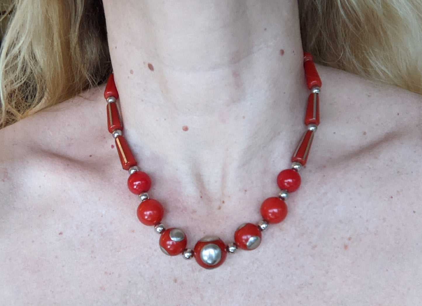 Vintage Art Deco machine age silver tone inset and large bright brick red early plastic, possibly galalith, bead chunky statement necklace