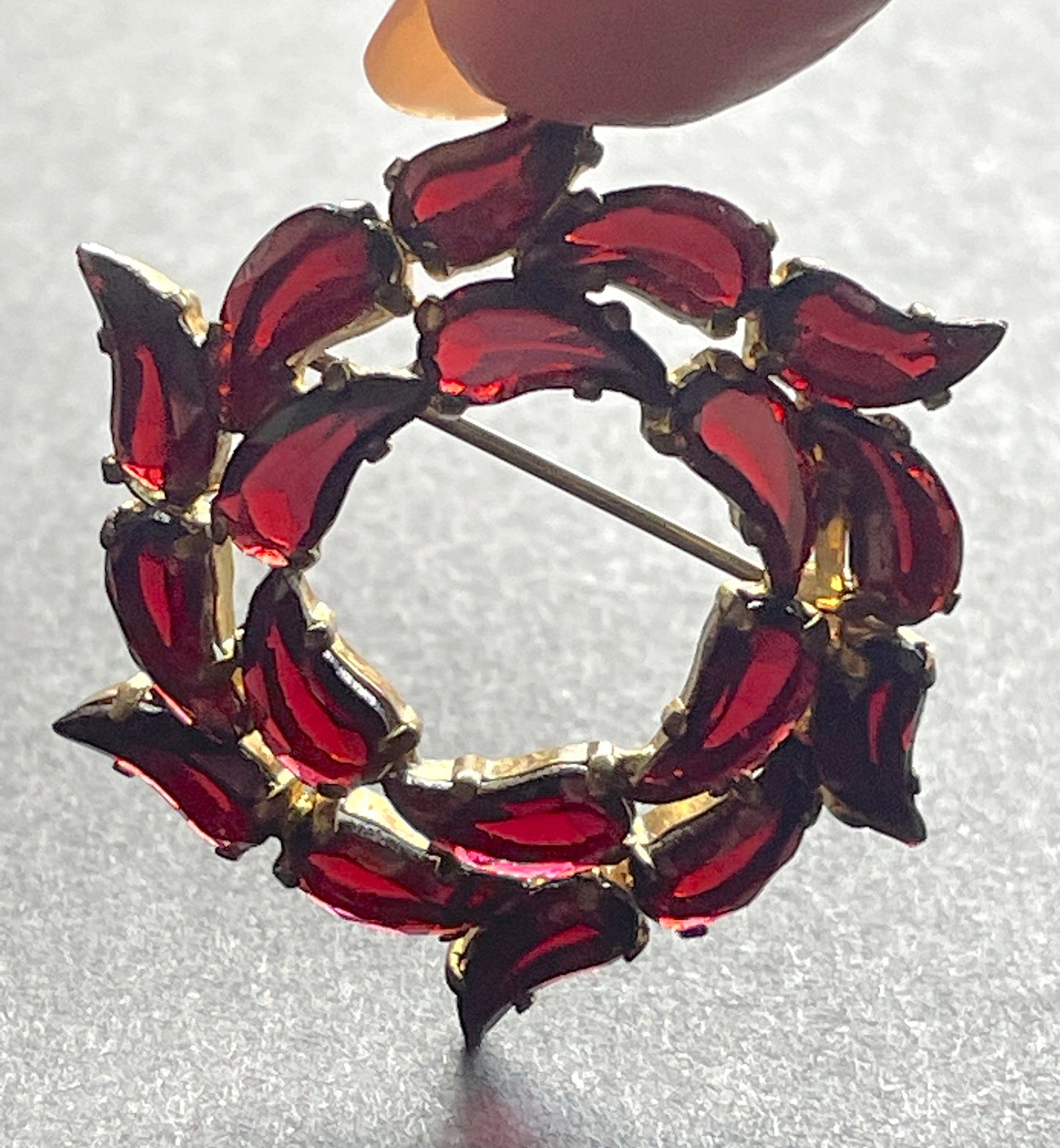 Vintage Art Deco Czech red garnet glass, unusual shaped rhinestone, open-backed, gold tone brooch pin