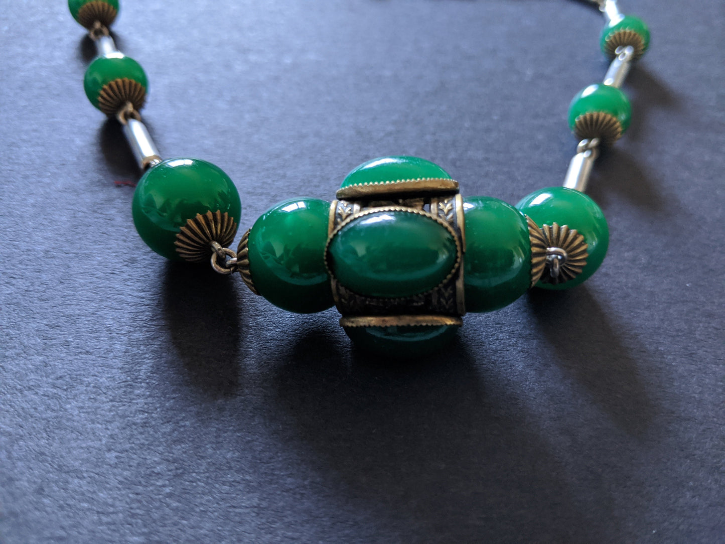 Vintage Art Deco heavy green glass bead and collet set cabochon Czech or French necklace - fabulous large 3D centrepiece