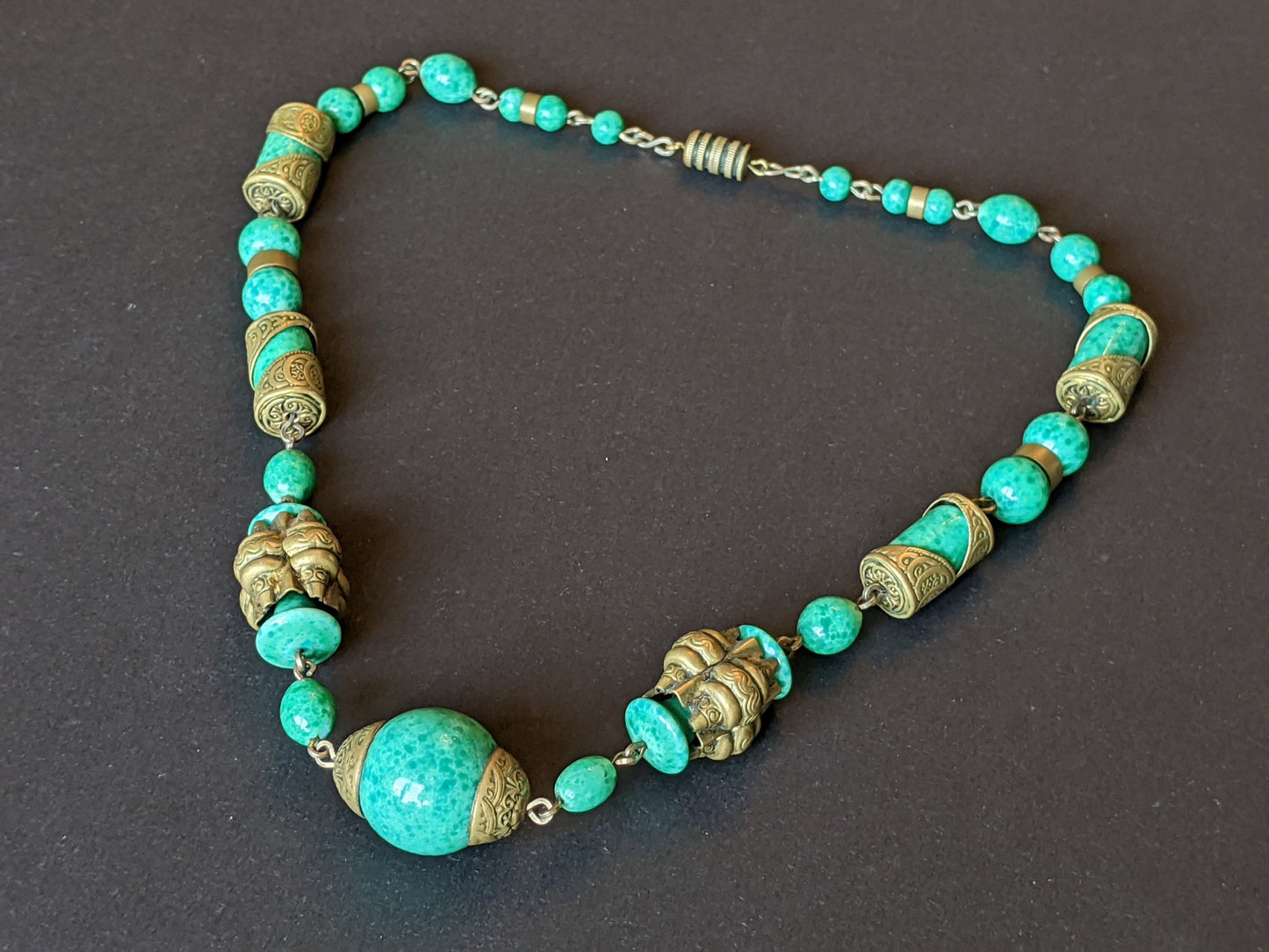 Vintage Neiger Brothers Art Deco heavy green Peking glass bead necklace with beautiful gold tone features - by Max Neiger